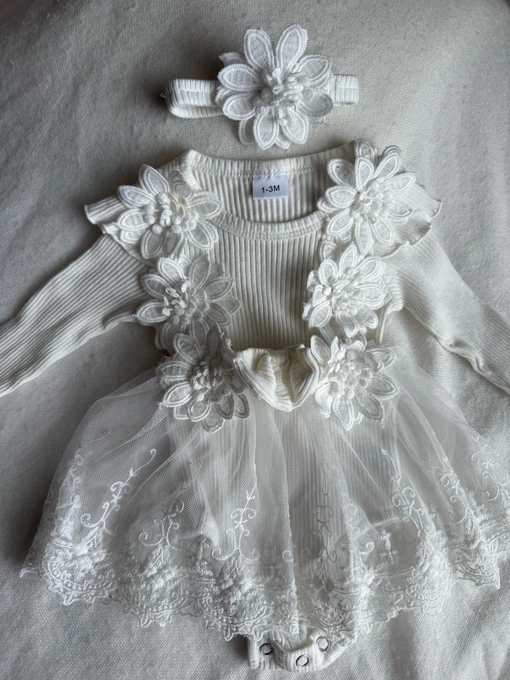 Baby White Floral Lace Tutu Bodysuit with Headband